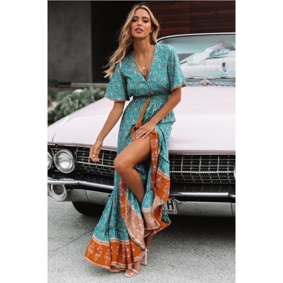 Dresses & Skirts - Bohemian Floral Print Maxi Dress Teal Gypsy